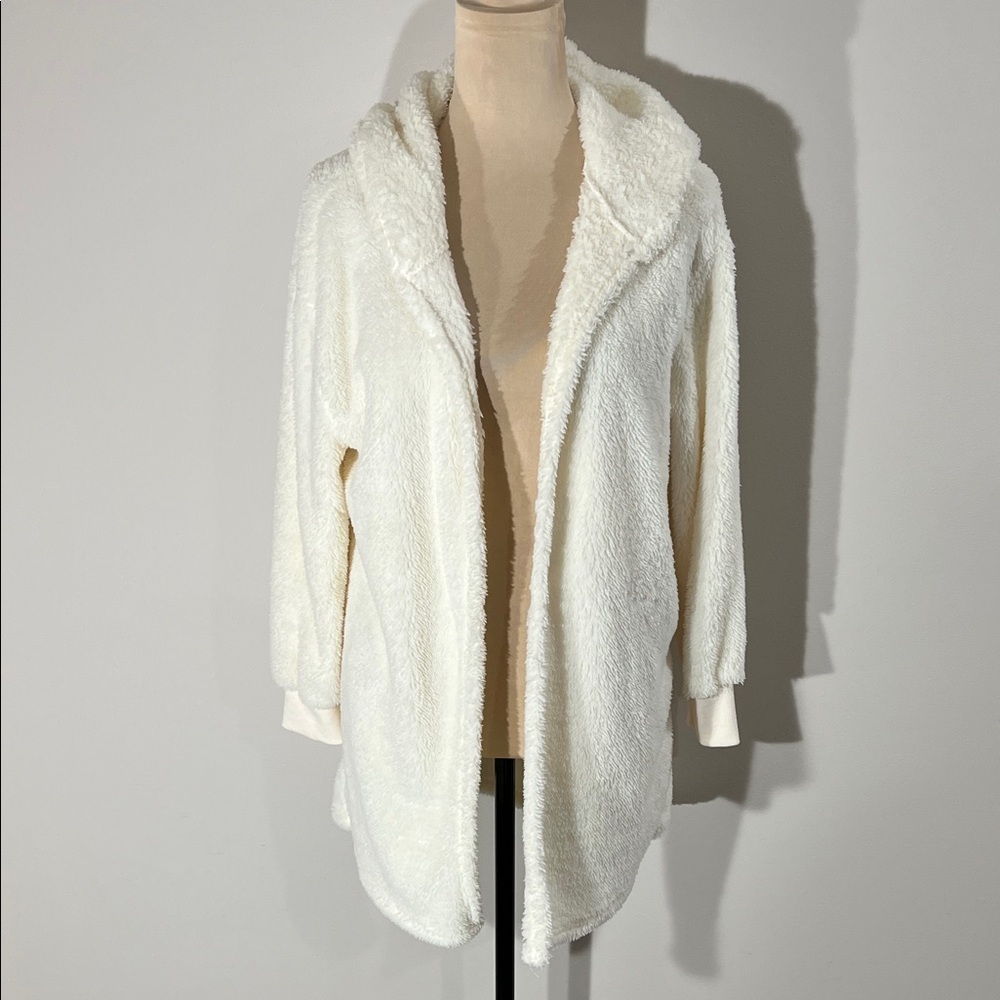 Plush Hooded Open Front Jacket Cream Sz S